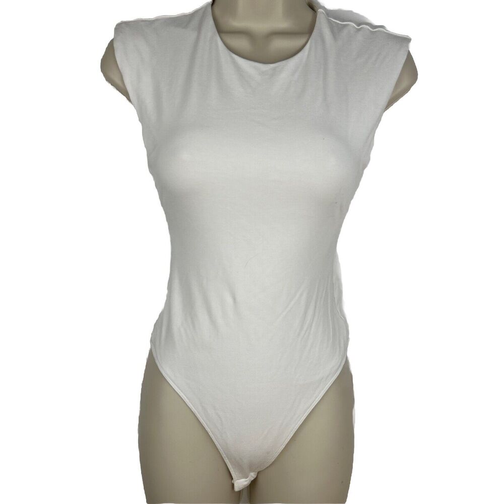 Good American Womens Bodysuit White Cap Sleeve Mock Neck Stretch Juniors 1